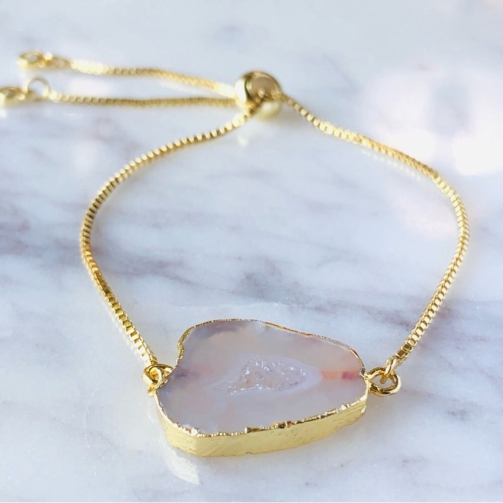 18K Gold Plated Cream Agate Slice CZ Diamonds Slider Bracelet